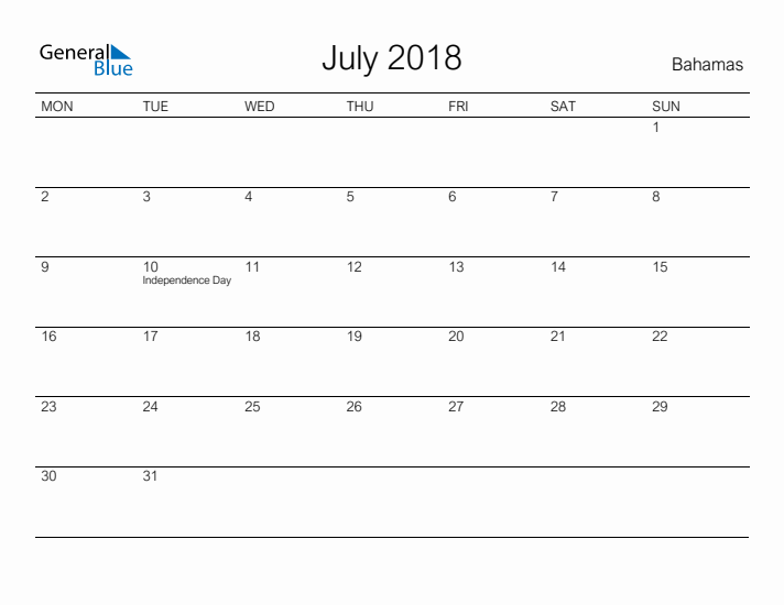 Printable July 2018 Calendar for Bahamas