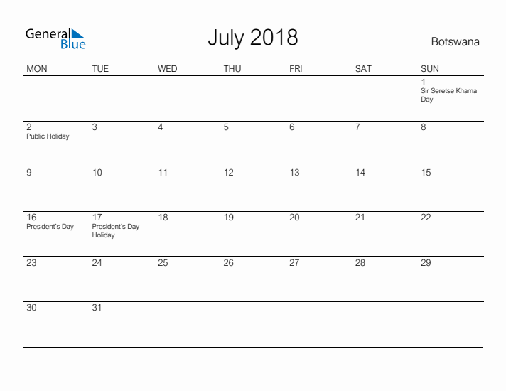 Printable July 2018 Calendar for Botswana
