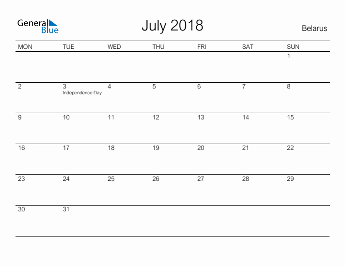 Printable July 2018 Calendar for Belarus
