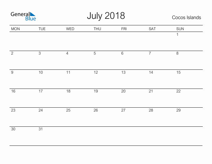 Printable July 2018 Calendar for Cocos Islands