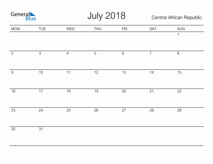 Printable July 2018 Calendar for Central African Republic