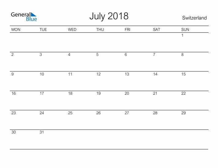Printable July 2018 Calendar for Switzerland