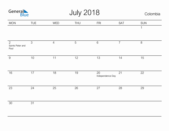 Printable July 2018 Calendar for Colombia