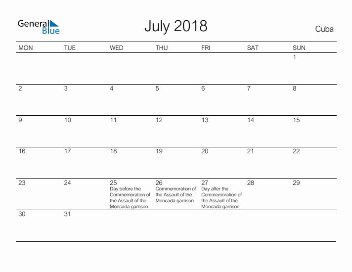 Printable July 2018 Calendar for Cuba