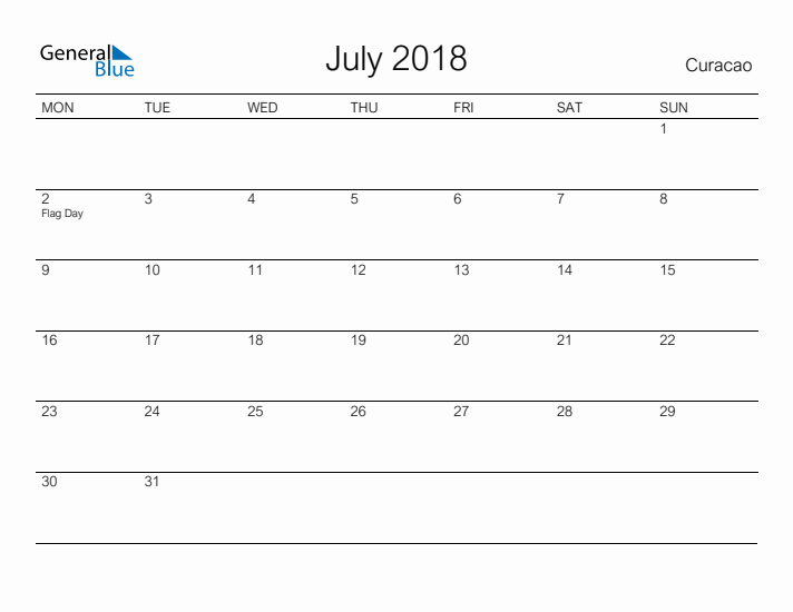 Printable July 2018 Calendar for Curacao