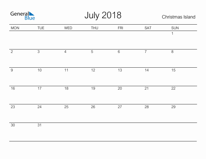 Printable July 2018 Calendar for Christmas Island