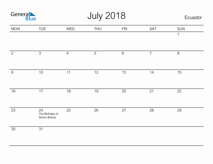 Printable July 2018 Calendar for Ecuador