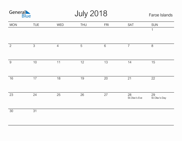 Printable July 2018 Calendar for Faroe Islands