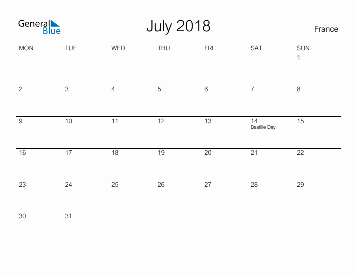 Printable July 2018 Calendar for France