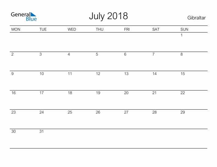 Printable July 2018 Calendar for Gibraltar