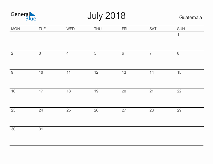 Printable July 2018 Calendar for Guatemala