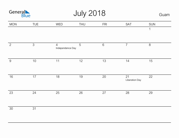 Printable July 2018 Calendar for Guam