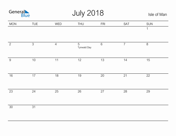 Printable July 2018 Calendar for Isle of Man