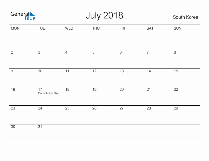 Printable July 2018 Calendar for South Korea