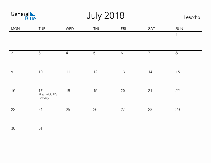 Printable July 2018 Calendar for Lesotho