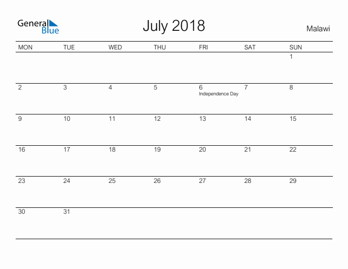 Printable July 2018 Calendar for Malawi