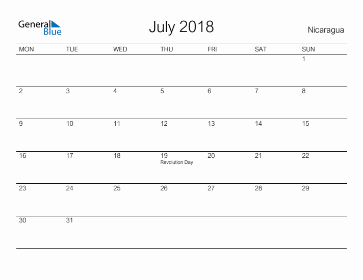Printable July 2018 Calendar for Nicaragua