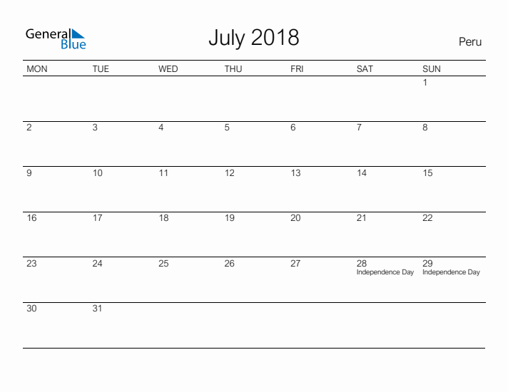 Printable July 2018 Calendar for Peru