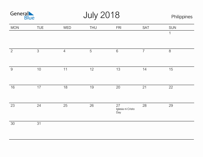 Printable July 2018 Calendar for Philippines