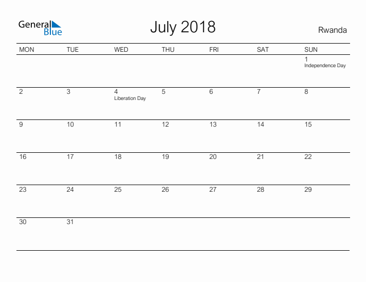 Printable July 2018 Calendar for Rwanda