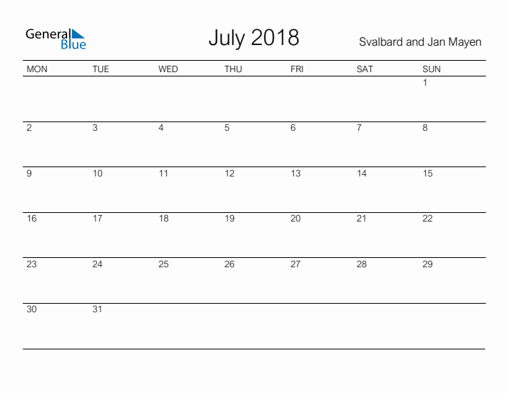 Printable July 2018 Calendar for Svalbard and Jan Mayen