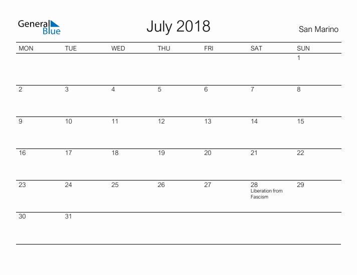 Printable July 2018 Calendar for San Marino