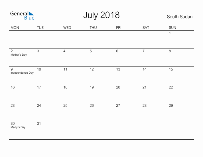 Printable July 2018 Calendar for South Sudan