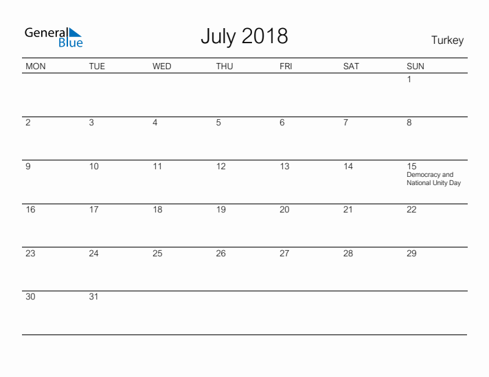 Printable July 2018 Calendar for Turkey