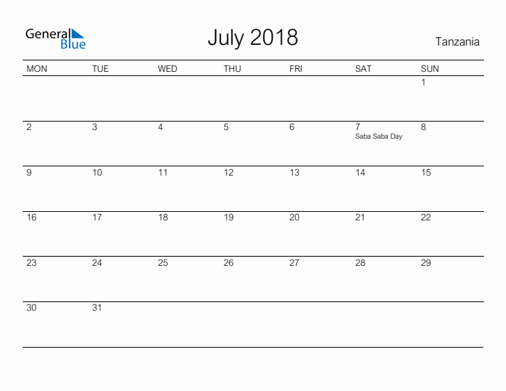 Printable July 2018 Calendar for Tanzania