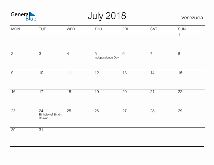 Printable July 2018 Calendar for Venezuela