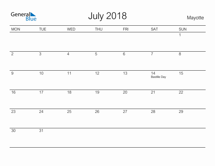 Printable July 2018 Calendar for Mayotte