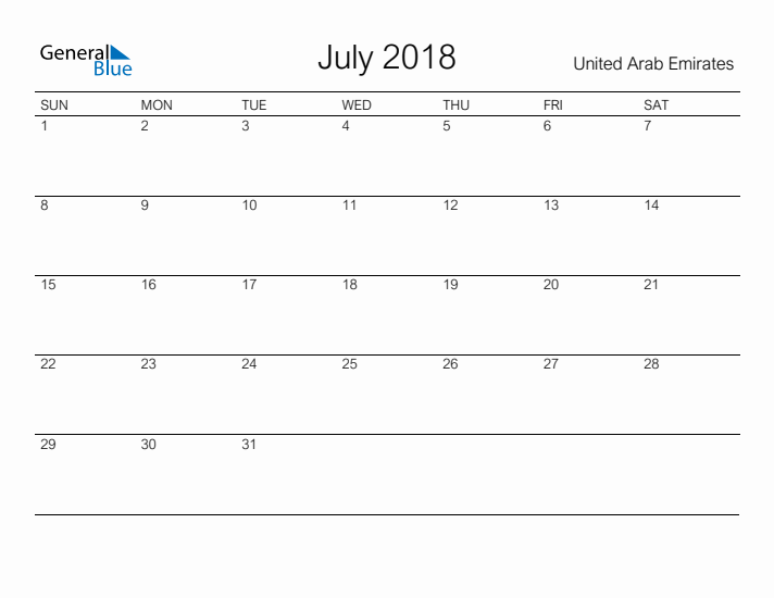 Printable July 2018 Calendar for United Arab Emirates