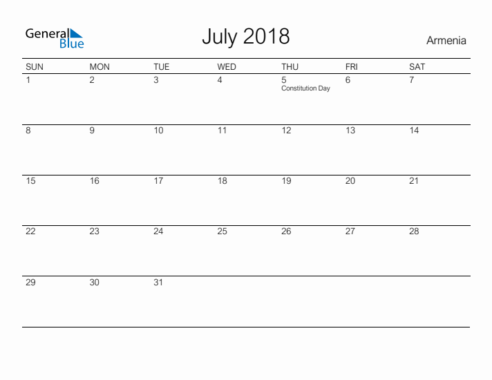 Printable July 2018 Calendar for Armenia