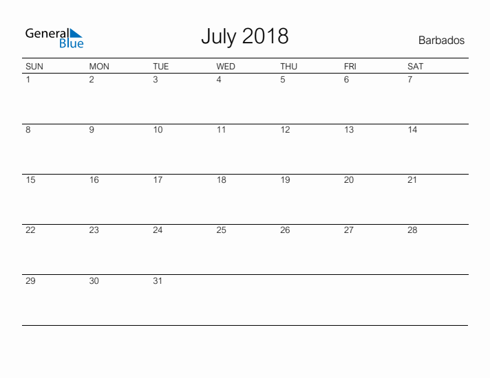 Printable July 2018 Calendar for Barbados