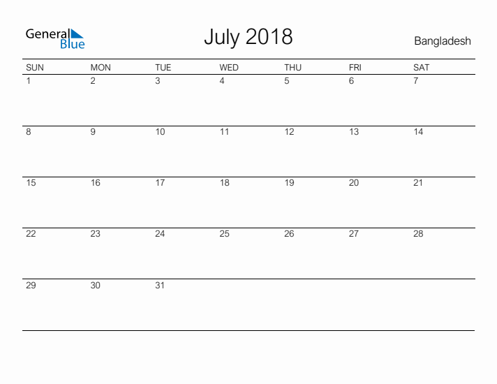 Printable July 2018 Calendar for Bangladesh