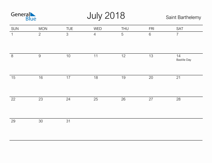 Printable July 2018 Calendar for Saint Barthelemy