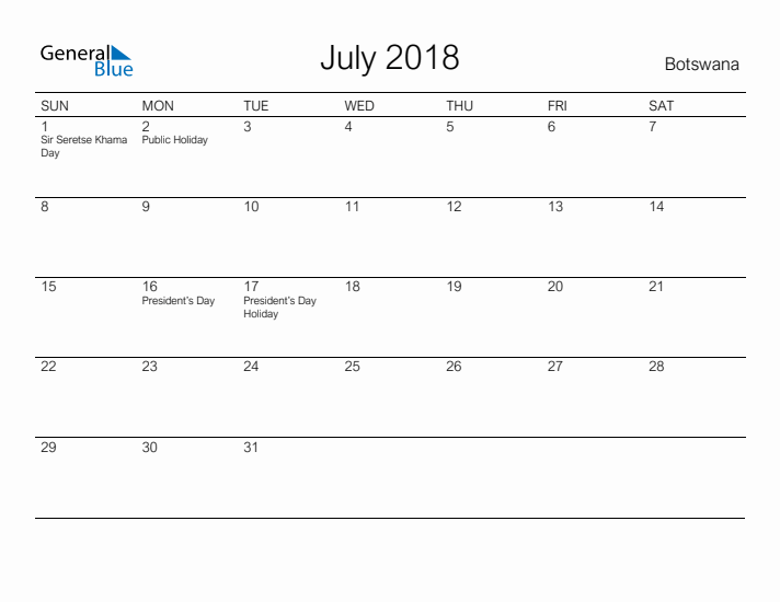 Printable July 2018 Calendar for Botswana