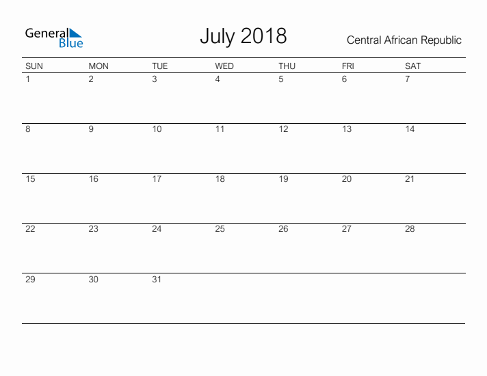 Printable July 2018 Calendar for Central African Republic