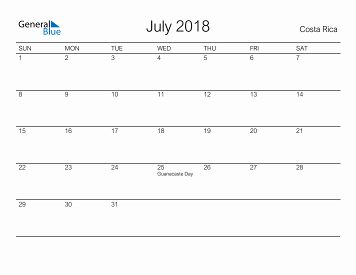 Printable July 2018 Calendar for Costa Rica