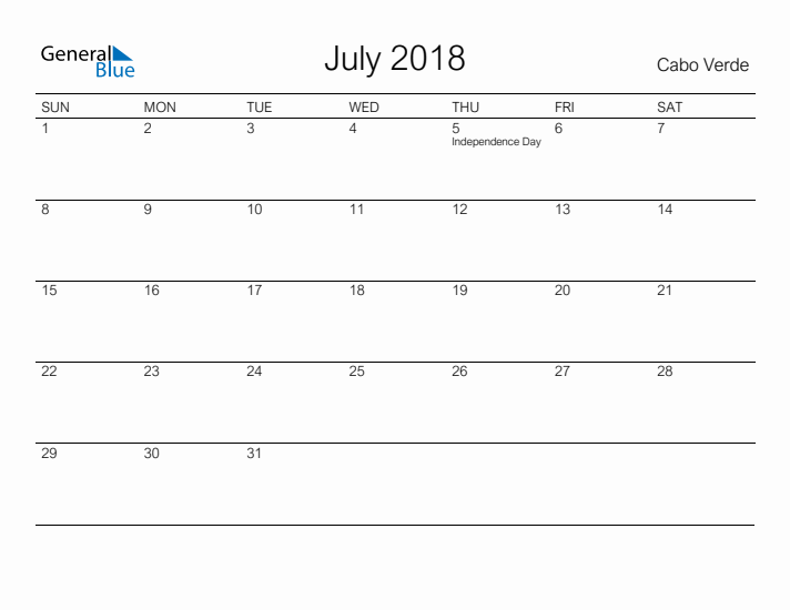 Printable July 2018 Calendar for Cabo Verde