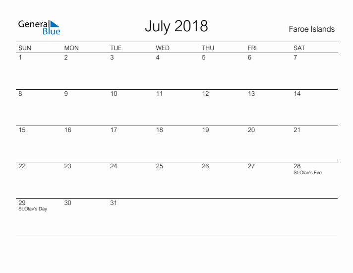 Printable July 2018 Calendar for Faroe Islands