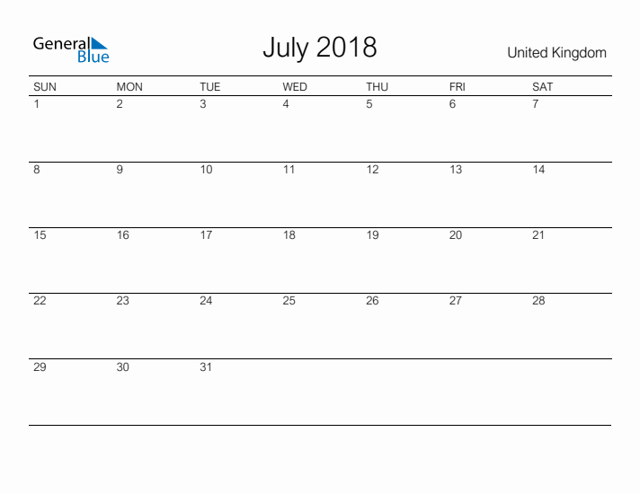 Printable July 2018 Calendar for United Kingdom