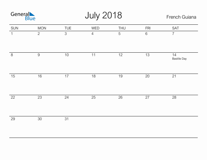 Printable July 2018 Calendar for French Guiana