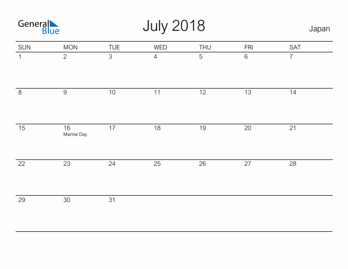 Printable July 2018 Calendar for Japan