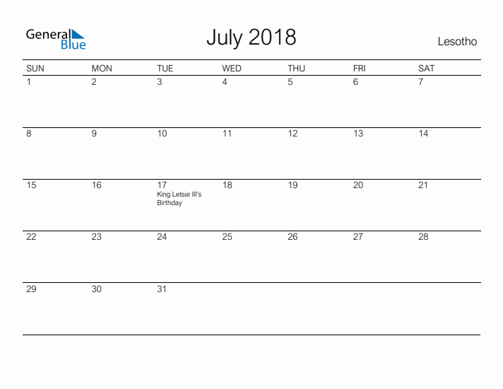 Printable July 2018 Calendar for Lesotho
