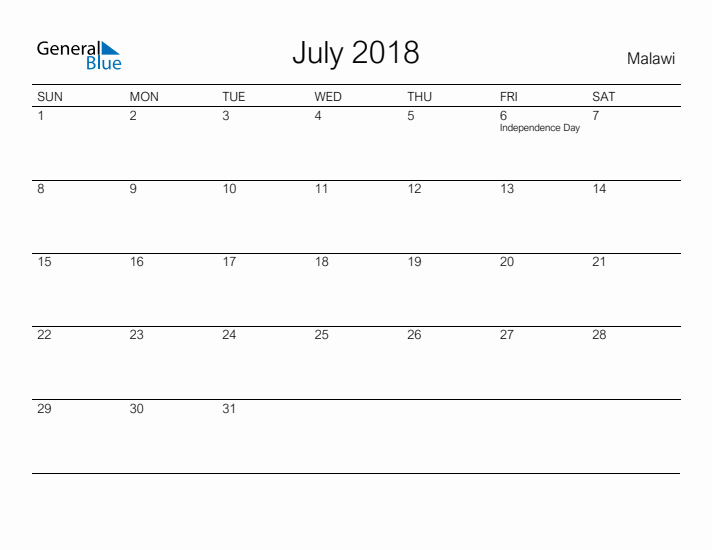 Printable July 2018 Calendar for Malawi
