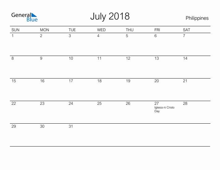 Printable July 2018 Calendar for Philippines