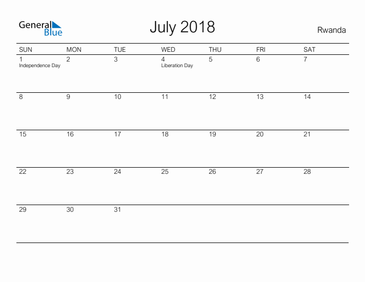 Printable July 2018 Calendar for Rwanda