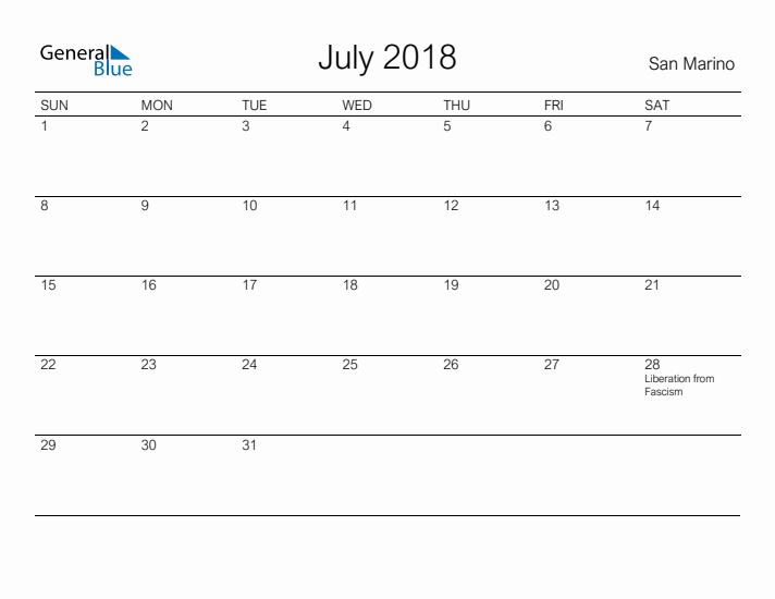 Printable July 2018 Calendar for San Marino