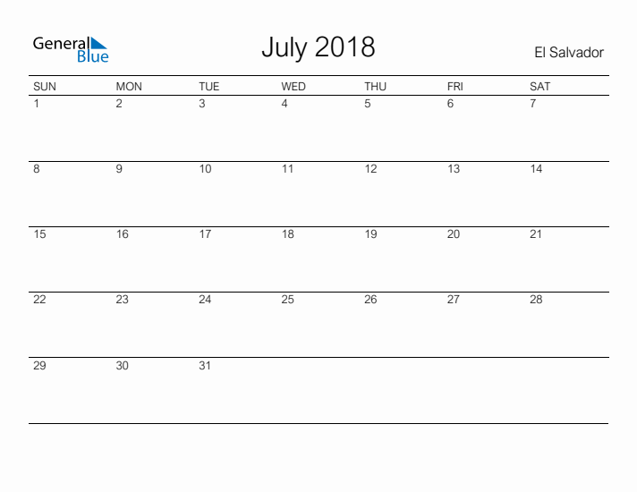 Printable July 2018 Calendar for El Salvador